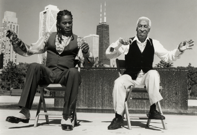 Reggio “The Hoofer” McLaughlin (left) chair dancing with vaudeville legend Ernest “Brownie” Brown on Chicago's lakefront