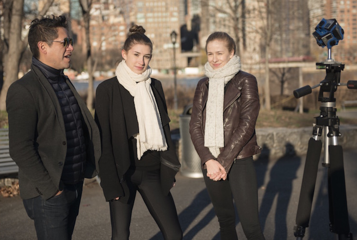 Choreographer David Fernandez with New York City Ballet dancers Alexa Maxwell and Laine Habony on set during the filming of DANCEIMMERSIVE's first video