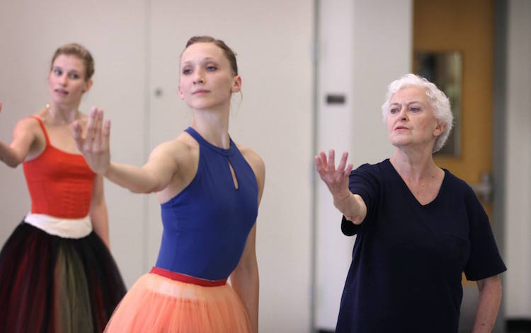 Violette Verdy with Pacific Northwest Ballet’s Elizabeth Murphy and Leah Merchant in rehearsal in September 2014